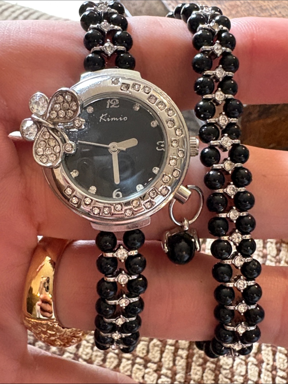 Gorgeous KIMIO Black Beaded Butterfly Accent double wrap Women’s Watch Bracelet